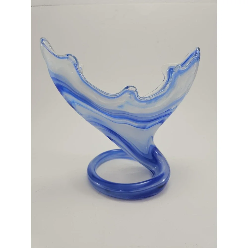 Art Glass Vase Swirled Blue and White Trumpet Decorative Coiled Base 7.25in